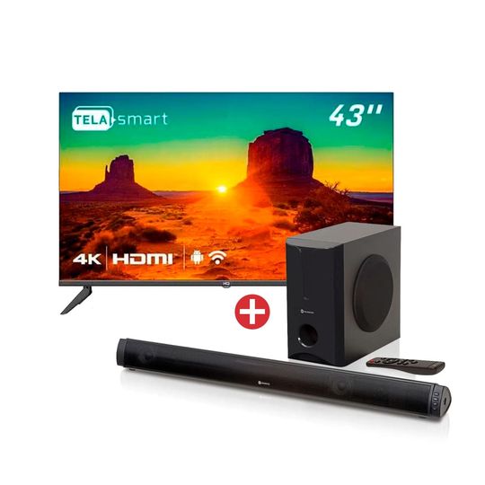 Kit-com-Smart-TV-43--LED-4K-Ultra-HD-HQ---Soundbar-2.1-Canais-Bluetooth-180W-RMS-com-Subwoofer-e-USB-|-GT