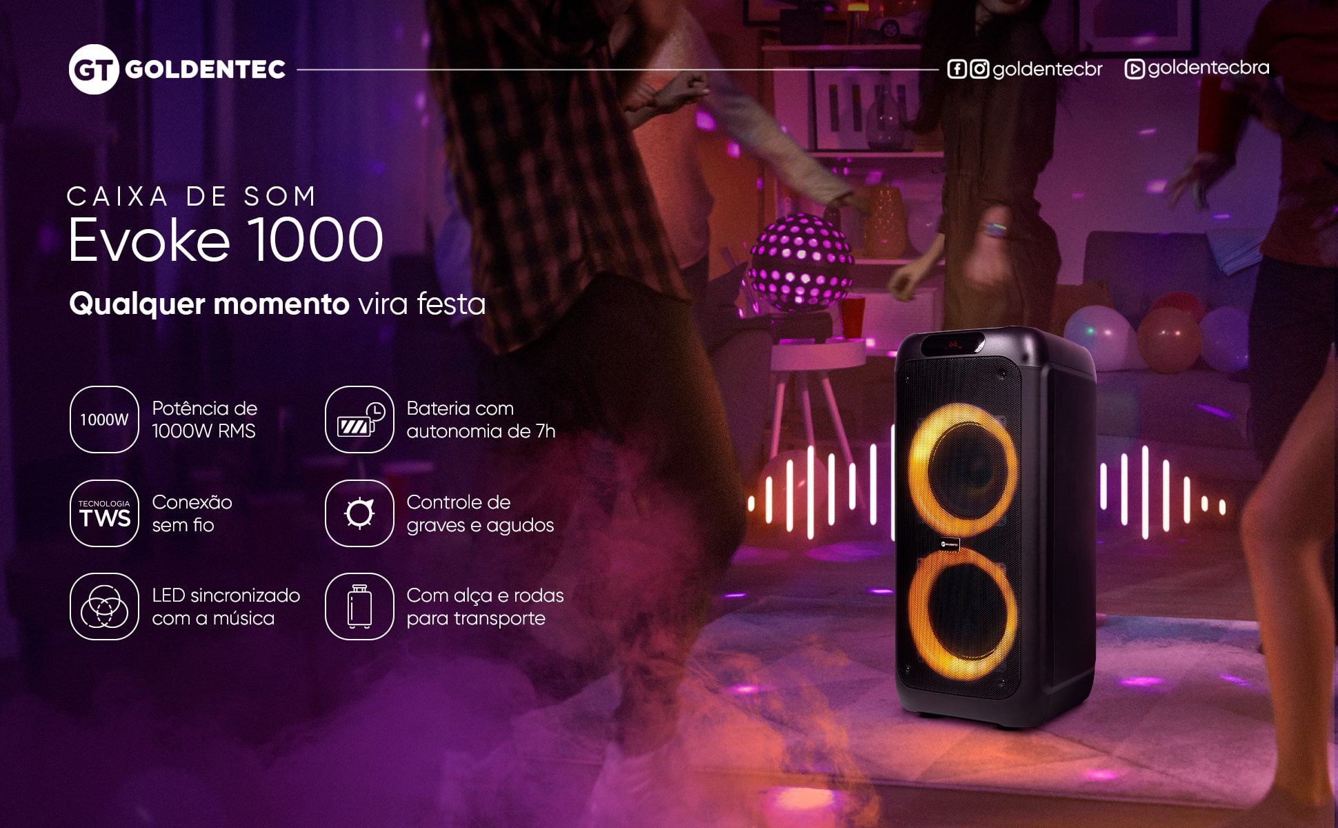 Caixa de Som Amplificada GT Evoke 1000 Bluetooth TWS | GT