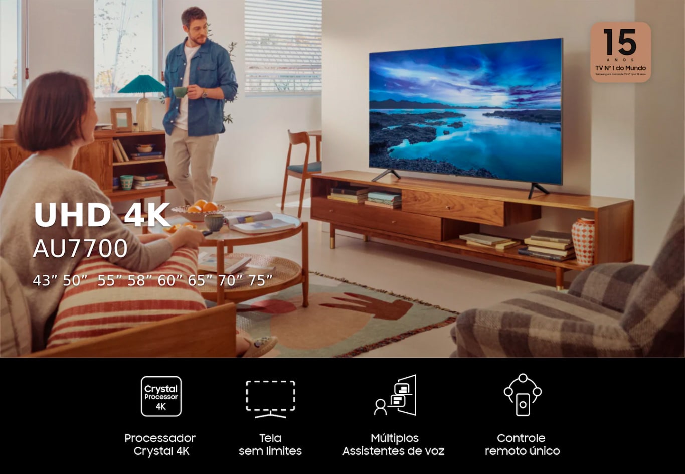 Smart Tv 60 UHD 4K Samsung 60AU7700, Processador Crystal 4K, Tela sem limites