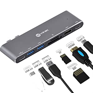 HUB USB Tipo C 7 em 2, 2 USB 3.0 + Leitor de Cartão SD TF + HDMI + Thunderbolt 3 + Power Delivery 100w HC-72 - Vinik