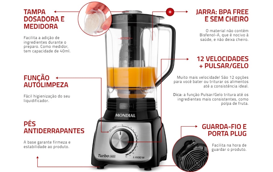 Liquidificador Mondial Turbo Inox 1100W L-1100-BI Preto 220V