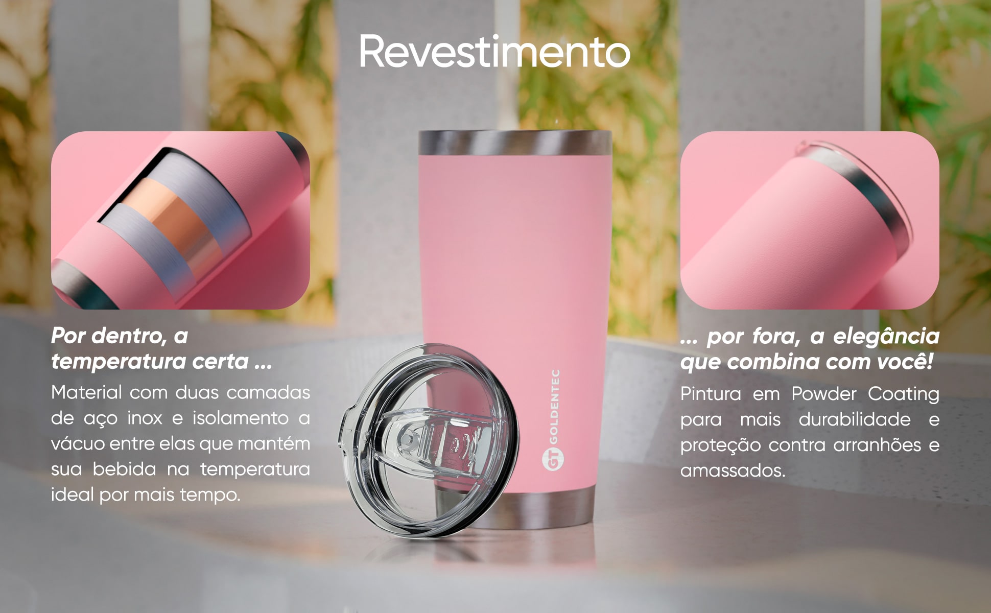 Copo Térmico Inox 600 ml para bebidas quentes ou frias com tampa - Rosa | GT