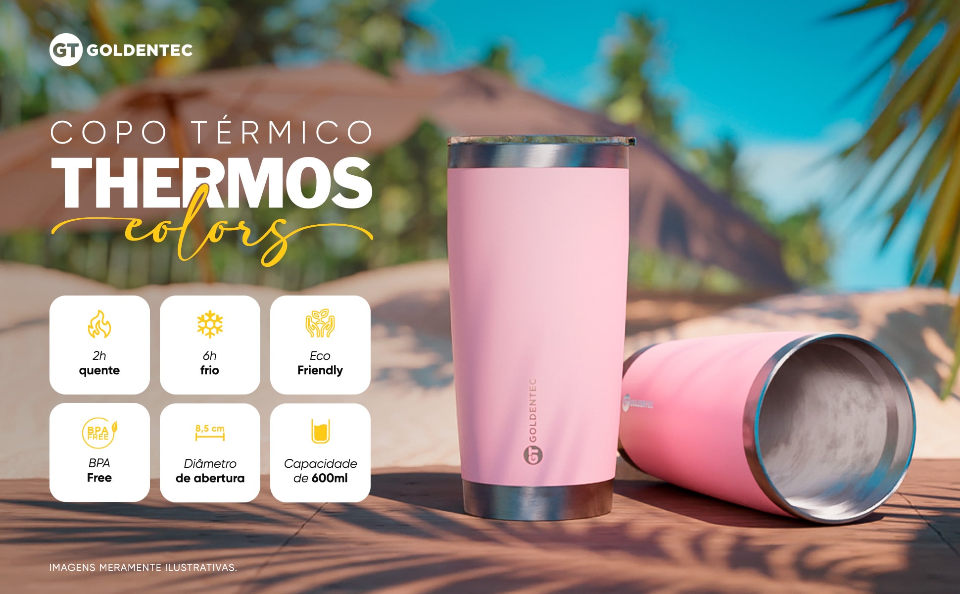 Copo Térmico Inox 600 ml para bebidas quentes ou frias com tampa - Rosa | GT