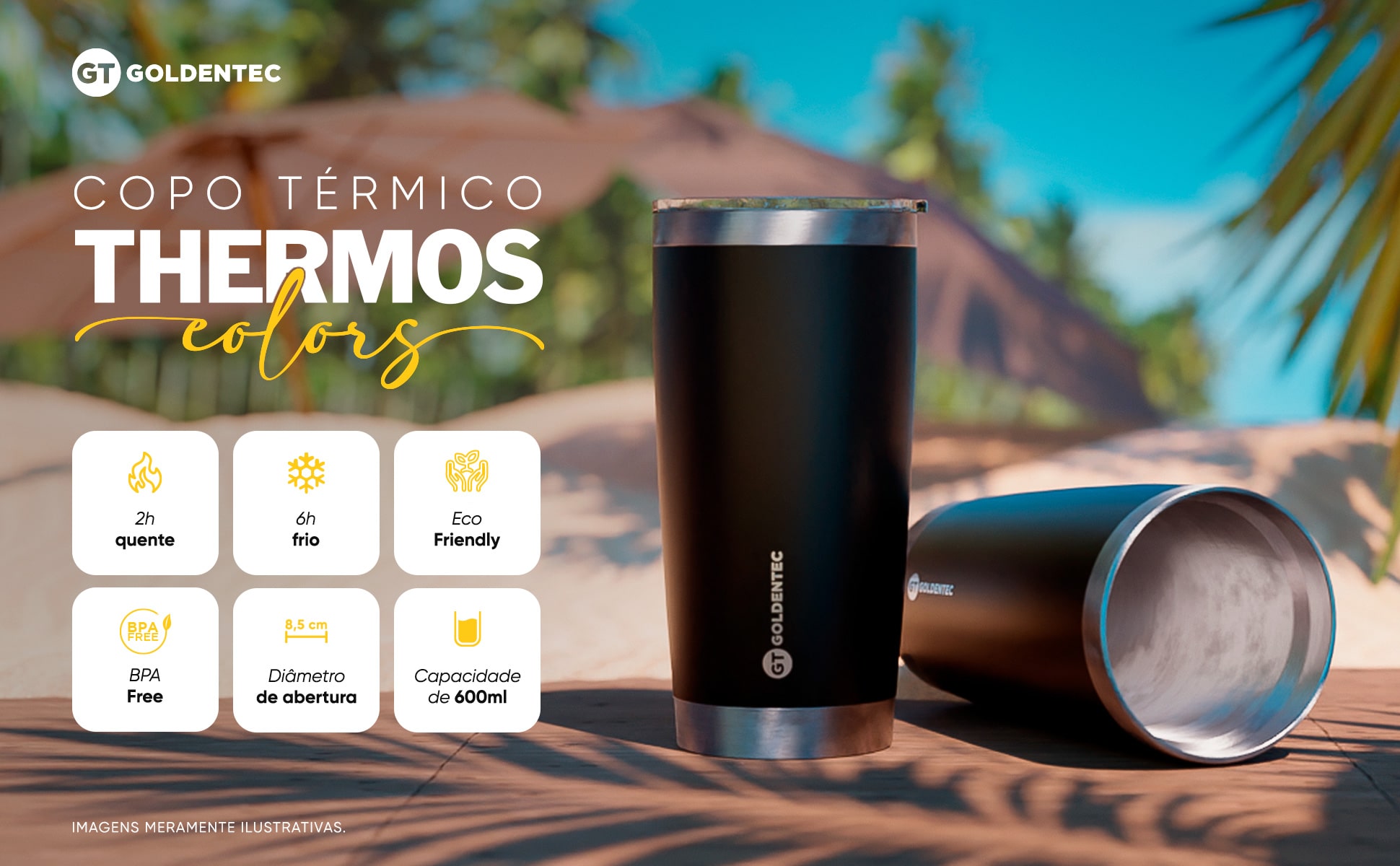 Copo Térmico Inox 600 ml para bebidas quentes ou frias com tampa - Preto | GT