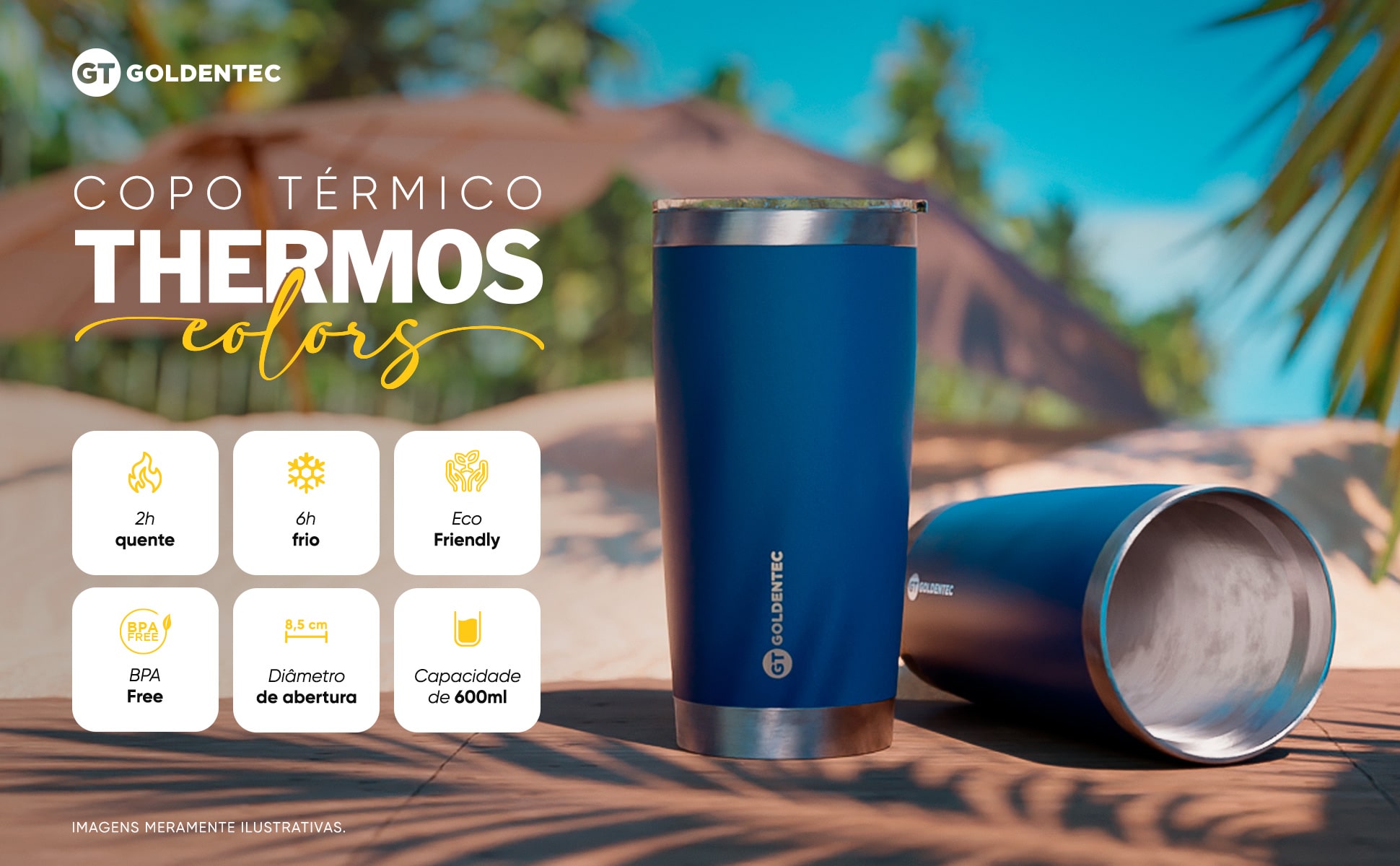 Copo Térmico GT Colors Inox 600 ml para bebidas quentes ou frias com tampa - Azul Marinho | GT