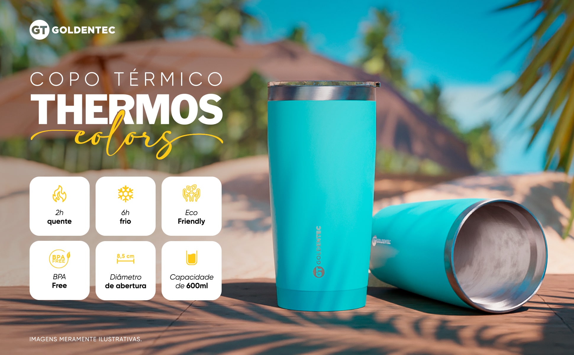 Copo Térmico Thermos Inox 600 ml para bebidas quentes ou frias com tampa - Azul| GT