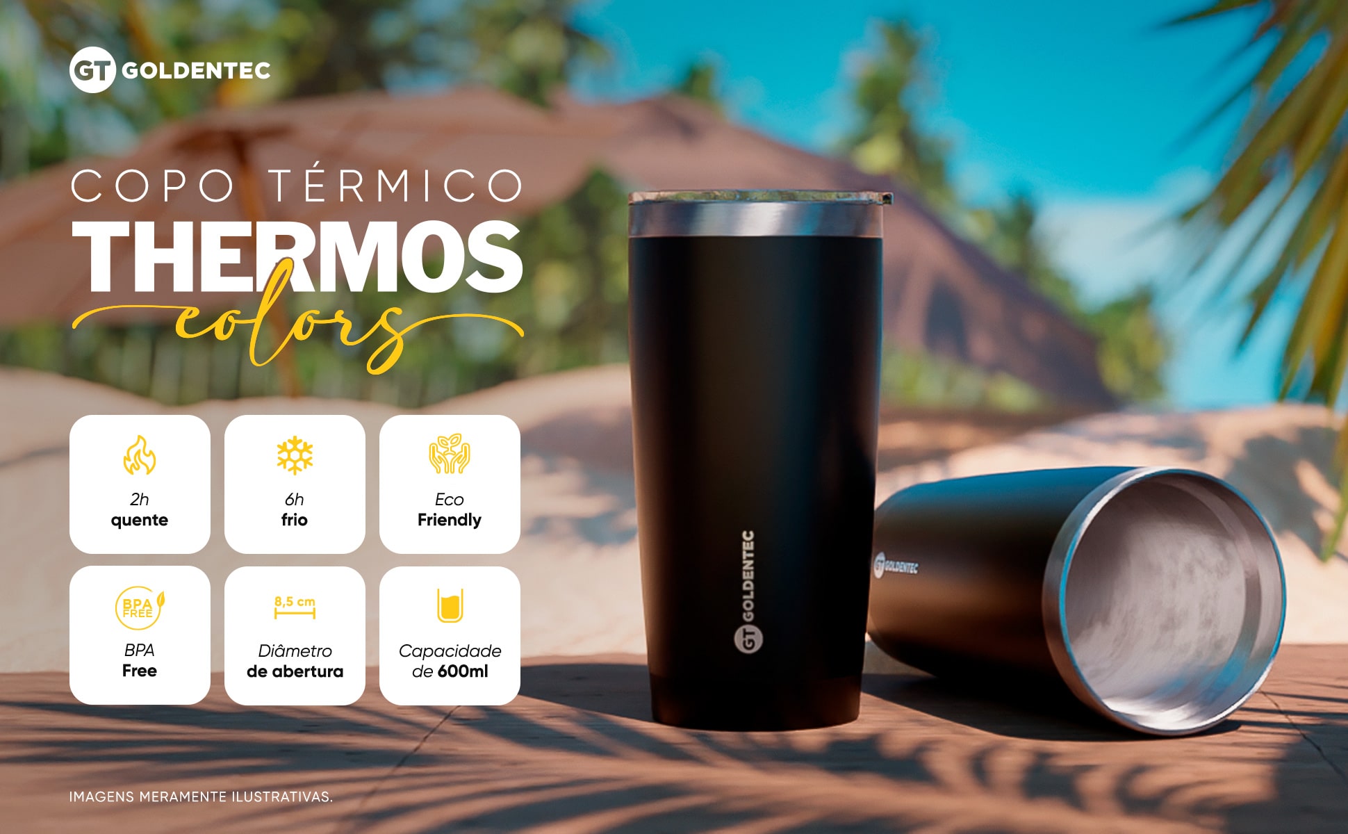 Copo Térmico Colors Inox 600 ml para bebidas quentes ou frias com tampa - Preto| GT