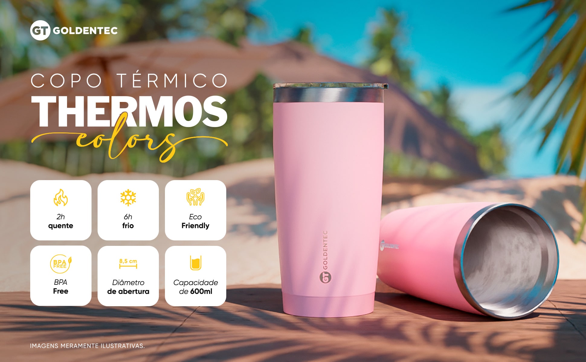 Copo Térmico Colors Inox 600 ml para bebidas quentes ou frias com tampa - Rosa Queimado| GT