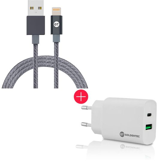 Kit-com-Cabo-Lightning-MFi-USB-Nylon-2m-Space-Gray-|-GT---Carregador-de-Parede-Fast-Charge-USB-C-18W-USB-3.0-Branco-|-GT