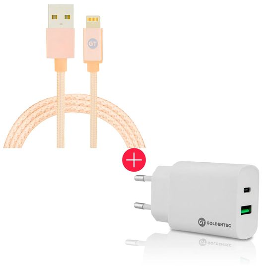 Kit-com-Cabo-Lightning-MFi-USB-Nylon-1.2m-Gold-|-GT---Carregador-de-Parede-Fast-Charge-USB-C-18W---USB-3.0-18W-Branco-|-GT