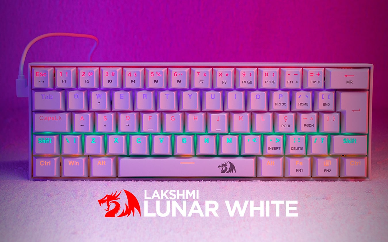 Teclado Gamer Mecânico Redragon Lakshmi Lunar White, Rainbow Switch Brown, ABNT2, Branco