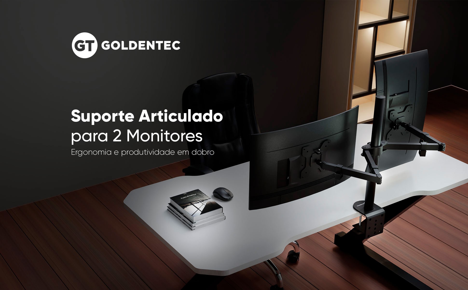 Suporte Articulado para 2 monitores Preto Goldentec
