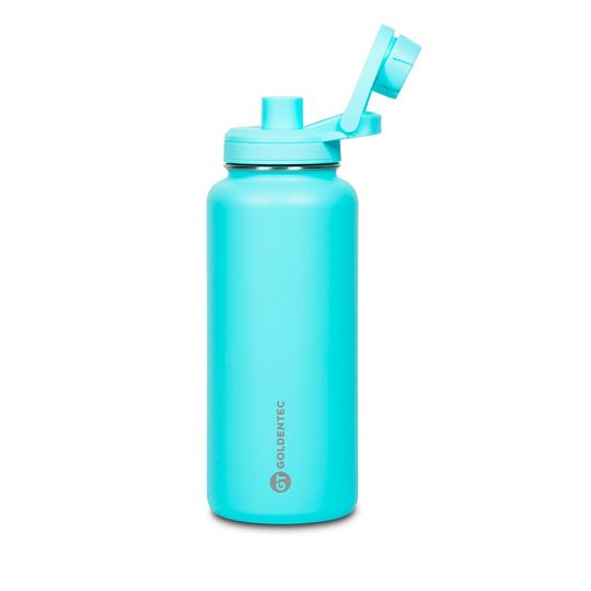 Garrafa Térmica Inox Goldentec 1000 ml para bebidas quentes ou frias com tampa com bico e base emborrachada - Azul claro