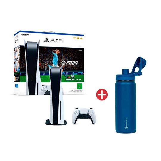 Kit com Console Sony PlayStation® 5 + EA Sports FC24 + Garrafa Térmica Inox 750ml Goldentec Com bico, Base Emborrachada Azul Marinho