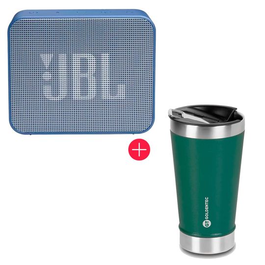 Caixa de Som JBL GO Essential Azul + Copo Térmico Goldentec Thermos Beer 540ml Verde