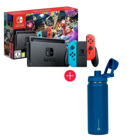 Nintendo Switch LCD + Mario Kart 8 Deluxe + Joy-Com Neon Blue e Neon Red + Garrafa Térmica Inox 750ml Goldentec Azul Marinho