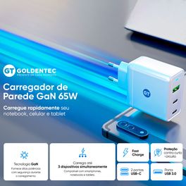 Carregador-de-Parede-Goldentec-GaN-Fast-Charge-2-USB-C-65W---1-USB-3.0-30W