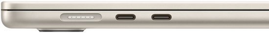 Porta MagSafe localizada no lado esquerdo do notebook, mais perto da borda. Duas portas Thunderbolt localizadas no lado esquerdo, à direita da porta MagSafe.