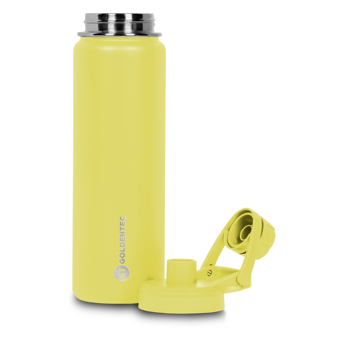 Garrafa Térmica Inox Goldentec GT Colors 750ml Amarelo para bebidas quentes ou frias com tampa, bico e base emborrachada