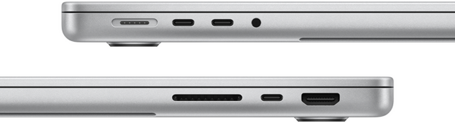 Imagem lateral do MacBook Pro de 14 polegadas com chip M3 Pro mostrando no lado esquerdo a porta MagSafe 3, as duas portas Thunderbolt 4 e a entrada para fones de ouvido e, no lado direito, o slot para cartão SDXC, uma porta Thunderbolt 4 e a porta HDMI