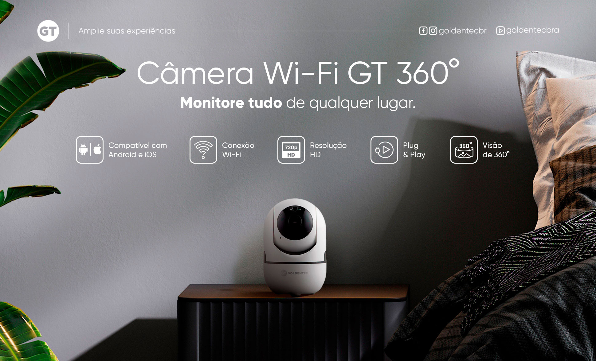 Câmera Wi-Fi HD GT 360° com Visão Noturna e App | Goldentec