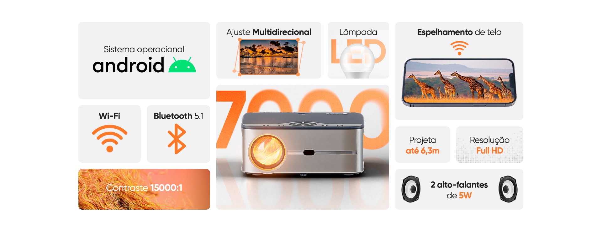 Projetor Multimídia Goldentec 7000 Lúmens Full HD com Android, HDMI, USB, AV