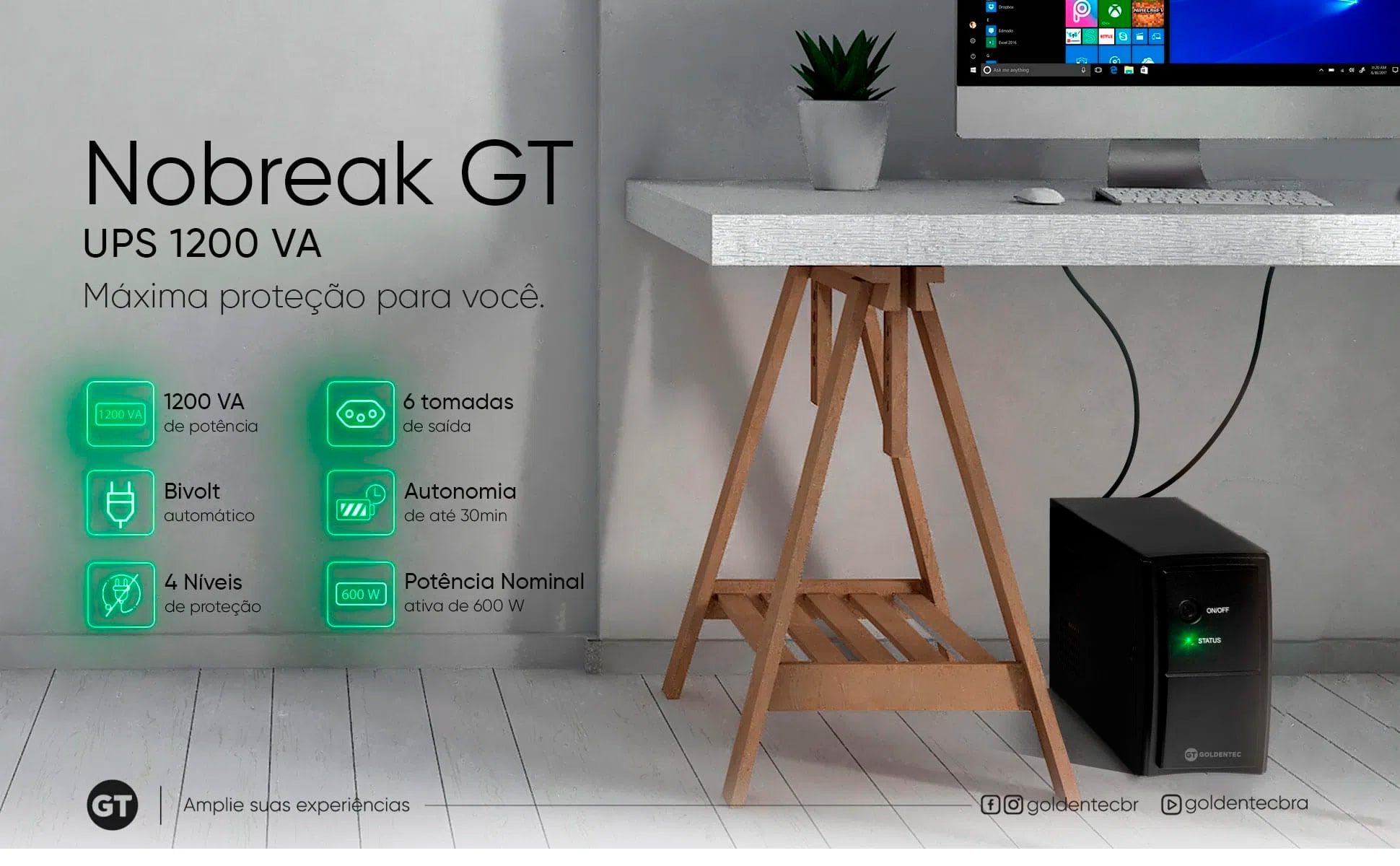 Nobreak UPS 1200 VA - Bivolt - Interativo com 6 Tomadas | Goldentec