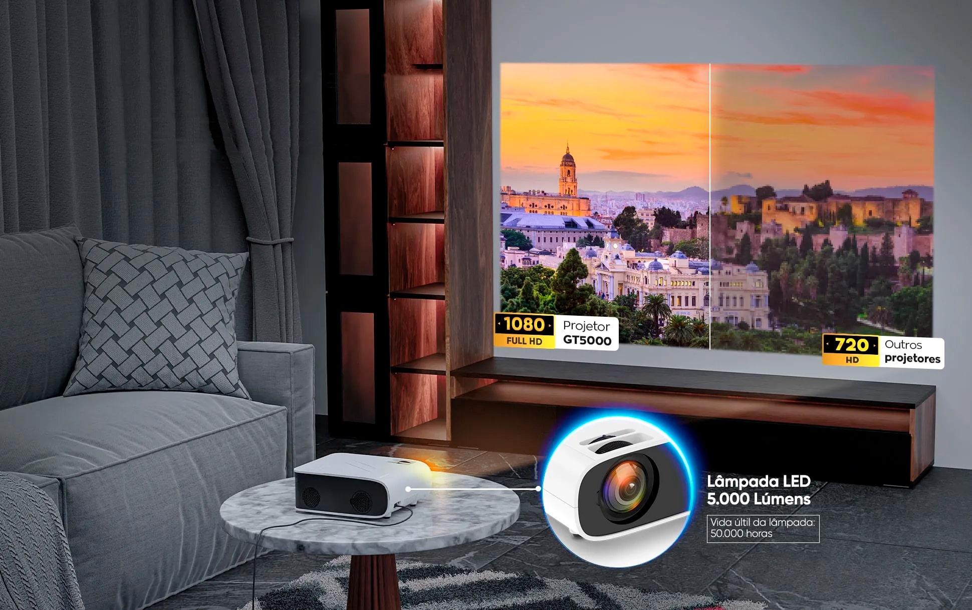 Projetor Multimídia 5000 Lúmens Goldentec Full HD com HDMI, USB e AV