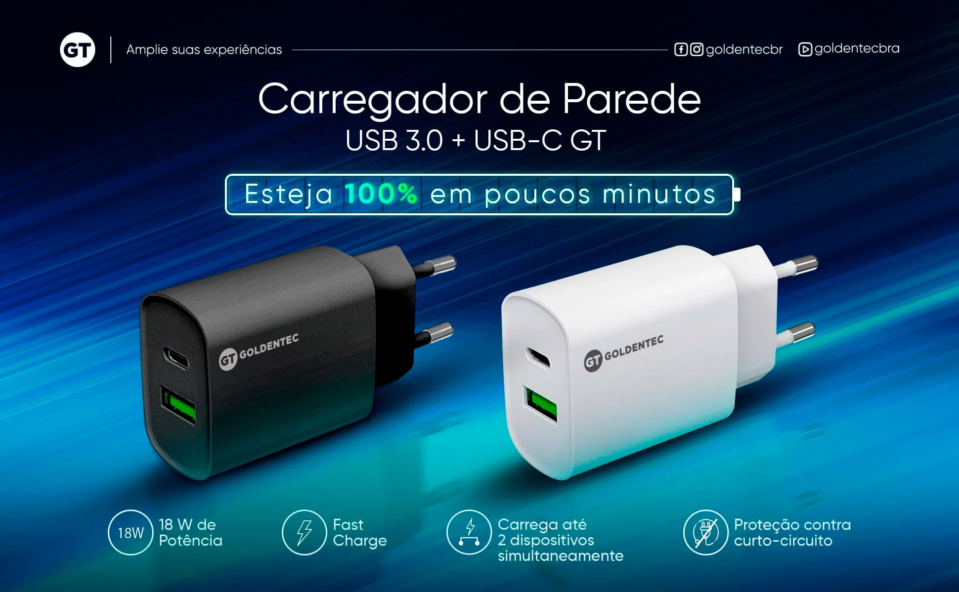 Carregador de Parede Fast Charge USB-C 18W + USB 3.0 18W Bivolt - Preto | Goldentec