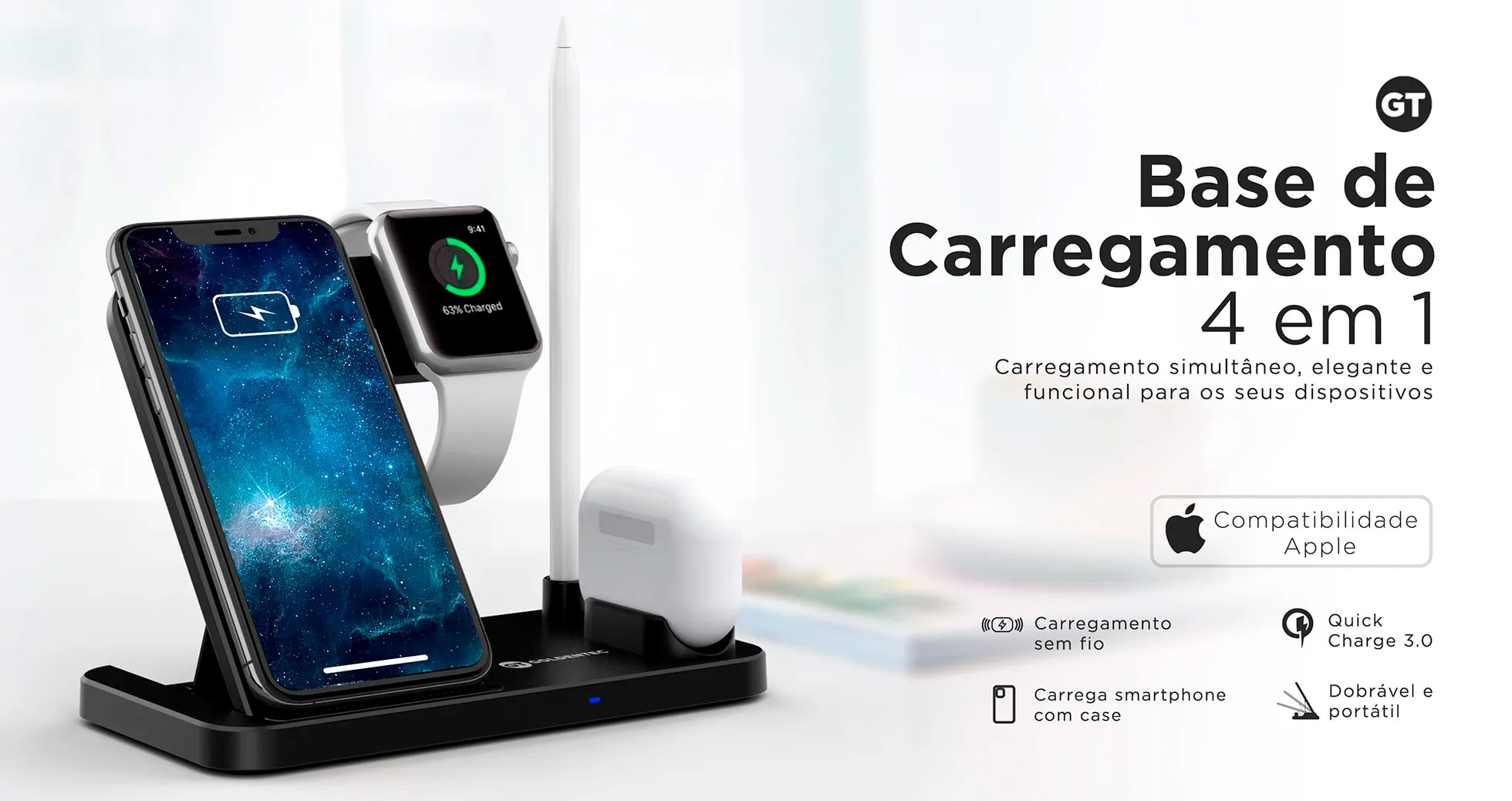 Carregador sem fio 4 em 1 para iPhone, Apple Watch, AirPod e Apple Pencil | Goldentec