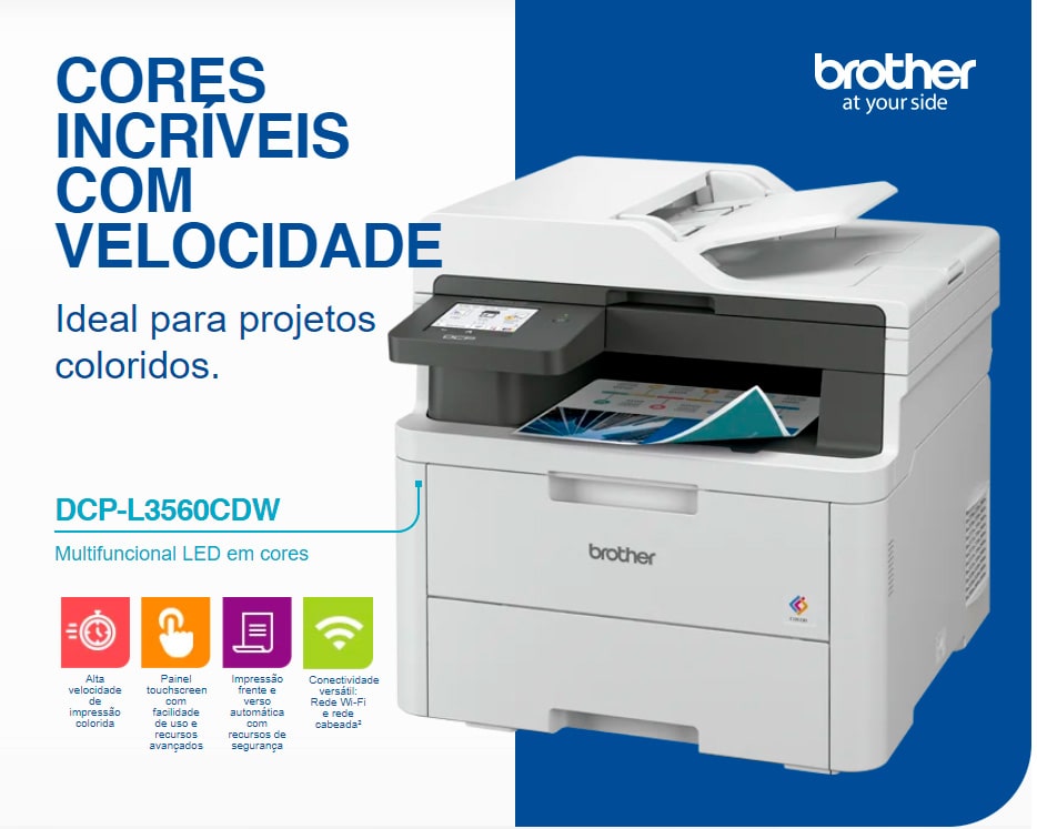 Impressora Multifuncional LED Colorida Brother DCPL3560CDW, Wi-Fi, USB