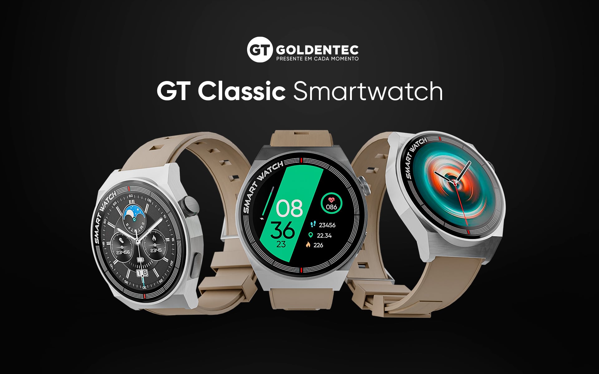 Smartwatch Goldentec GT Classic, Tela Full Touch 1,28, IP67, Bluetooth 5.0, Bege