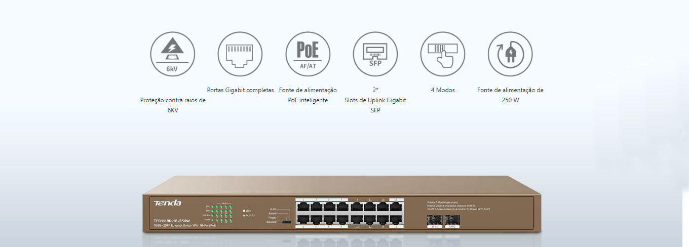 Switch Tenda 18 Portas Giga + 16 Portas POE - TEG1118P-16-250W