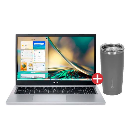 Kit Notebook Acer A315-510P-34XC i3–N305 8GB 256GB SSD, 15.6” FHD Prata + Copo Térmico Thermos Goldentec Inox 600ml Cinza