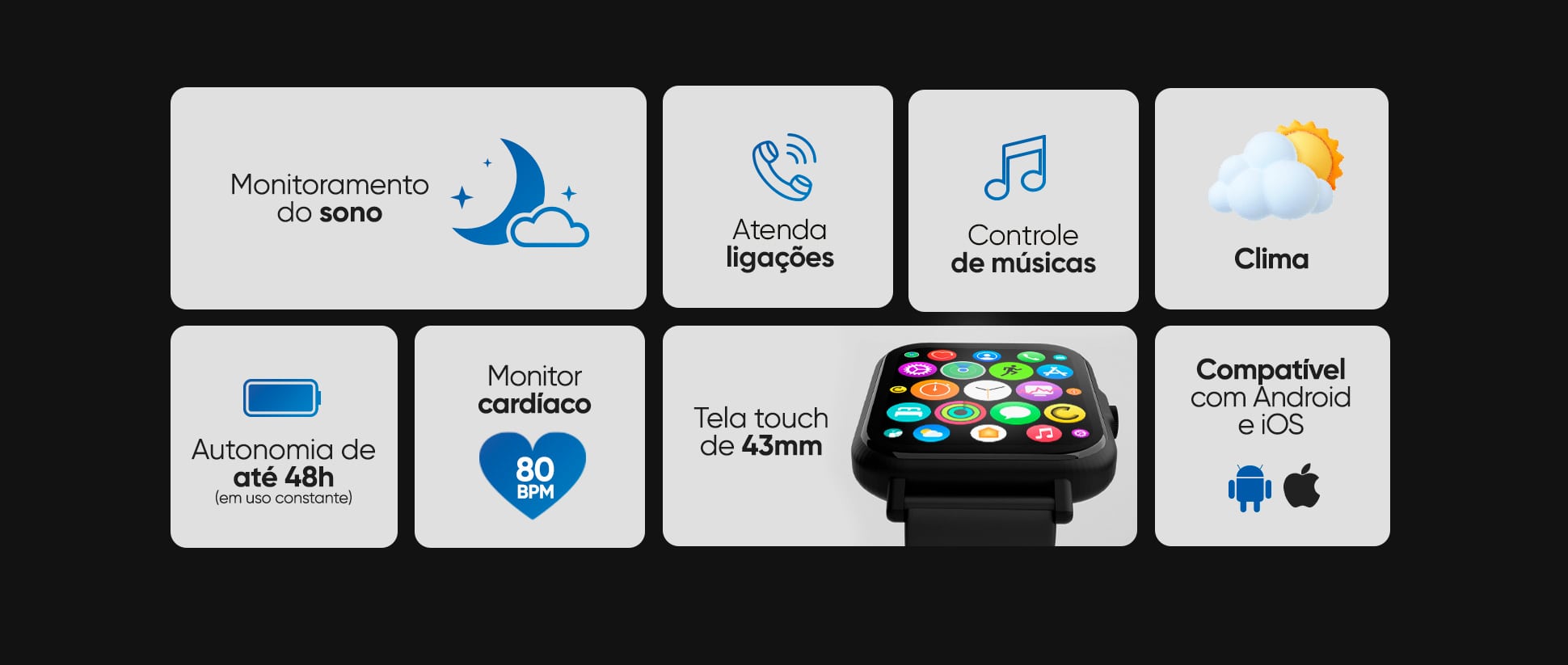 Smartwatch Relógio Inteligente Goldentec GT Freedom Tela Full Touch 43mm IP67 Bluetooth 5.0 Preto