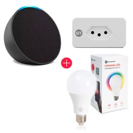 Amazon-Echo-Pop-Smart-Speaker-com-Alexa-Preto---Lampada-Inteligente-Goldentec-Wi-Fi-LED-RGB-9W---Tomada-Goldentec-16A-Wi-Fi