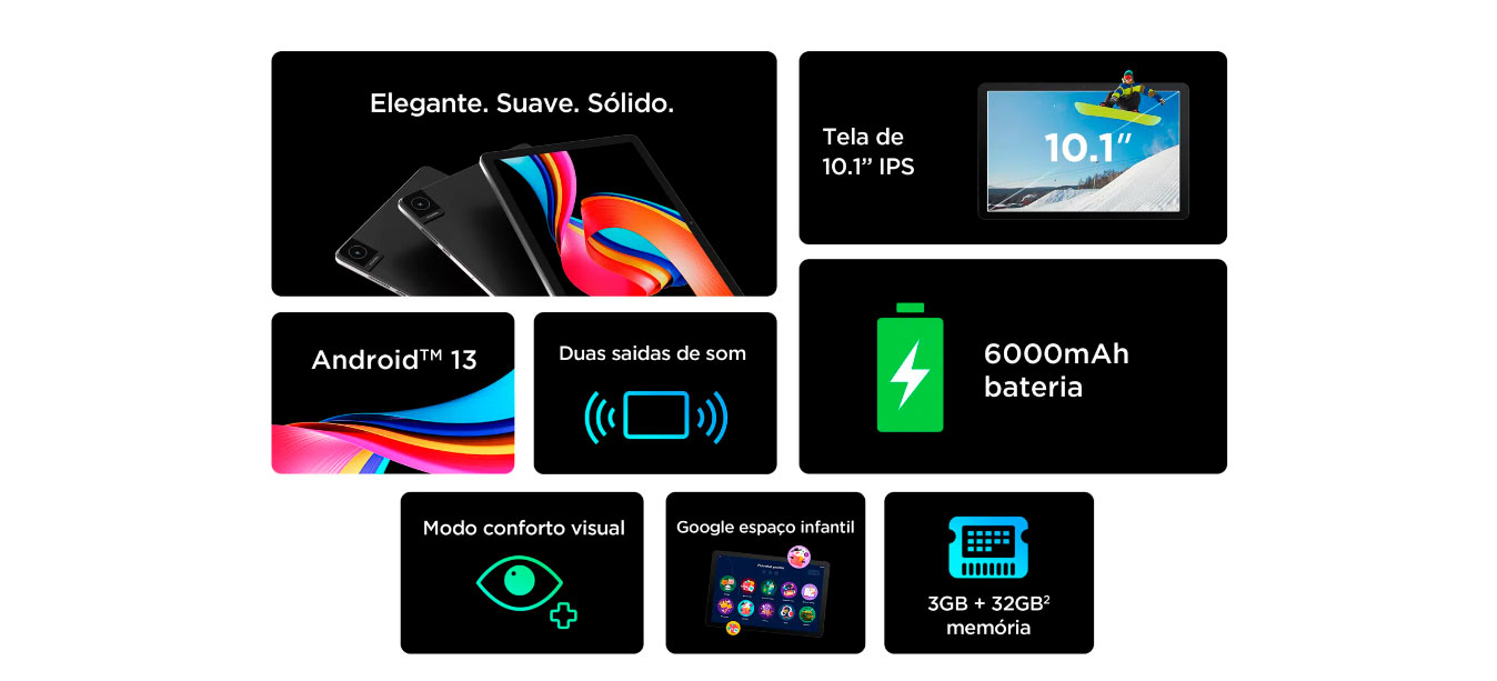 Tablet TCL TAB 10L, 64GB, Wi-Fi, Tela 10.1 Android 13, Bateria 6000 mAh Preto - 8492A