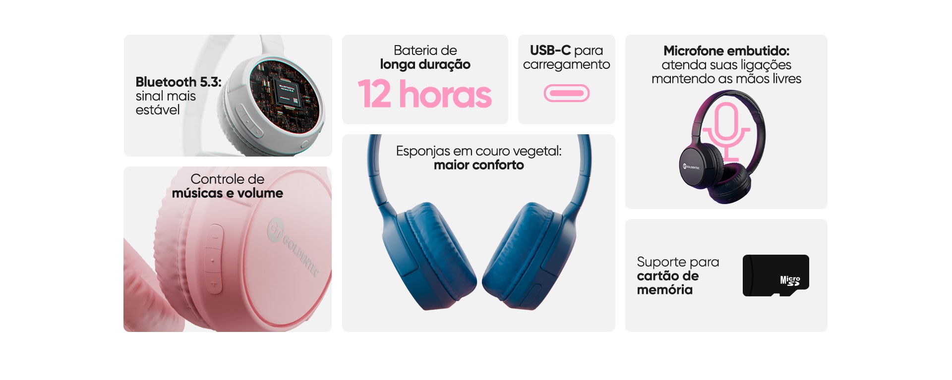 Headphone Bluetooth Goldentec GT Go Rosa