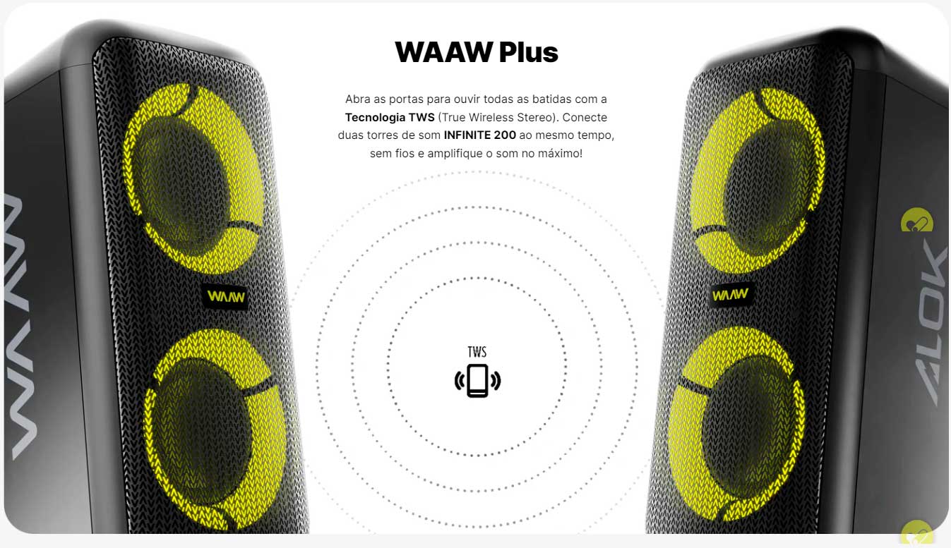 CCaixa de Som Bluetooth Waaw Sound Box Infinite 200, TWS, 160W RMS