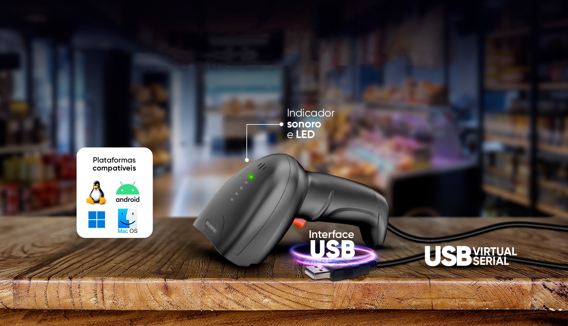 Leitor de Código de Barras Goldentec 2D, USB, Preto