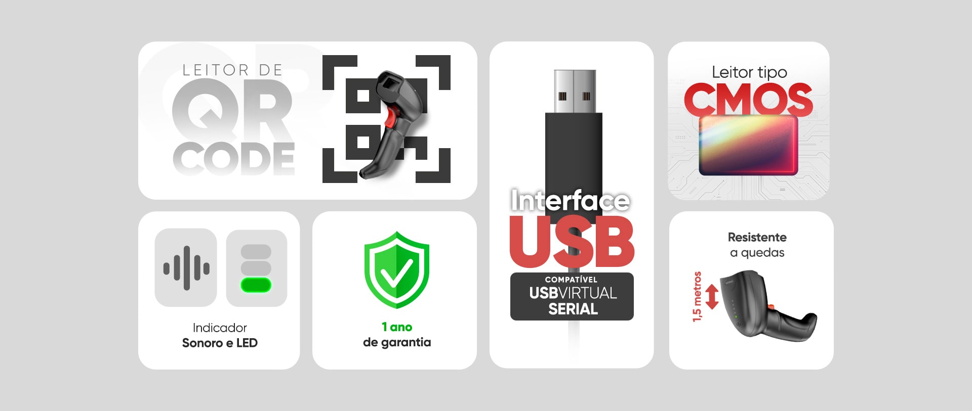 Leitor de Código de Barras Goldentec 2D, USB, Preto