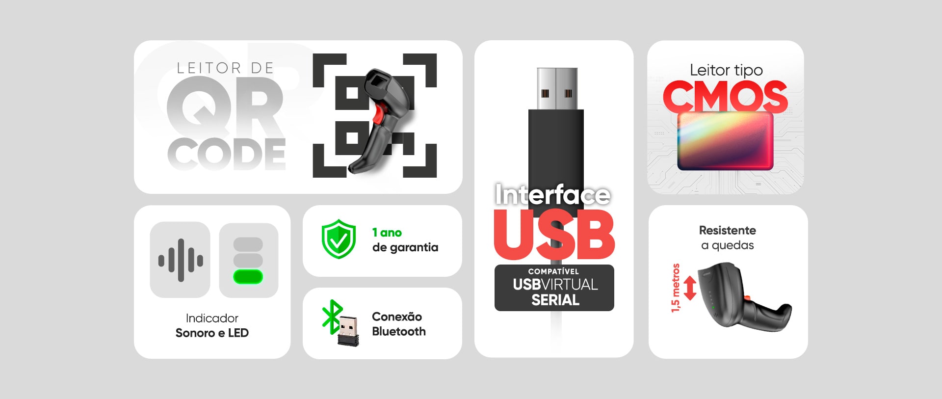 Leitor de Código de Barras Goldentec 2D, USB, Preto