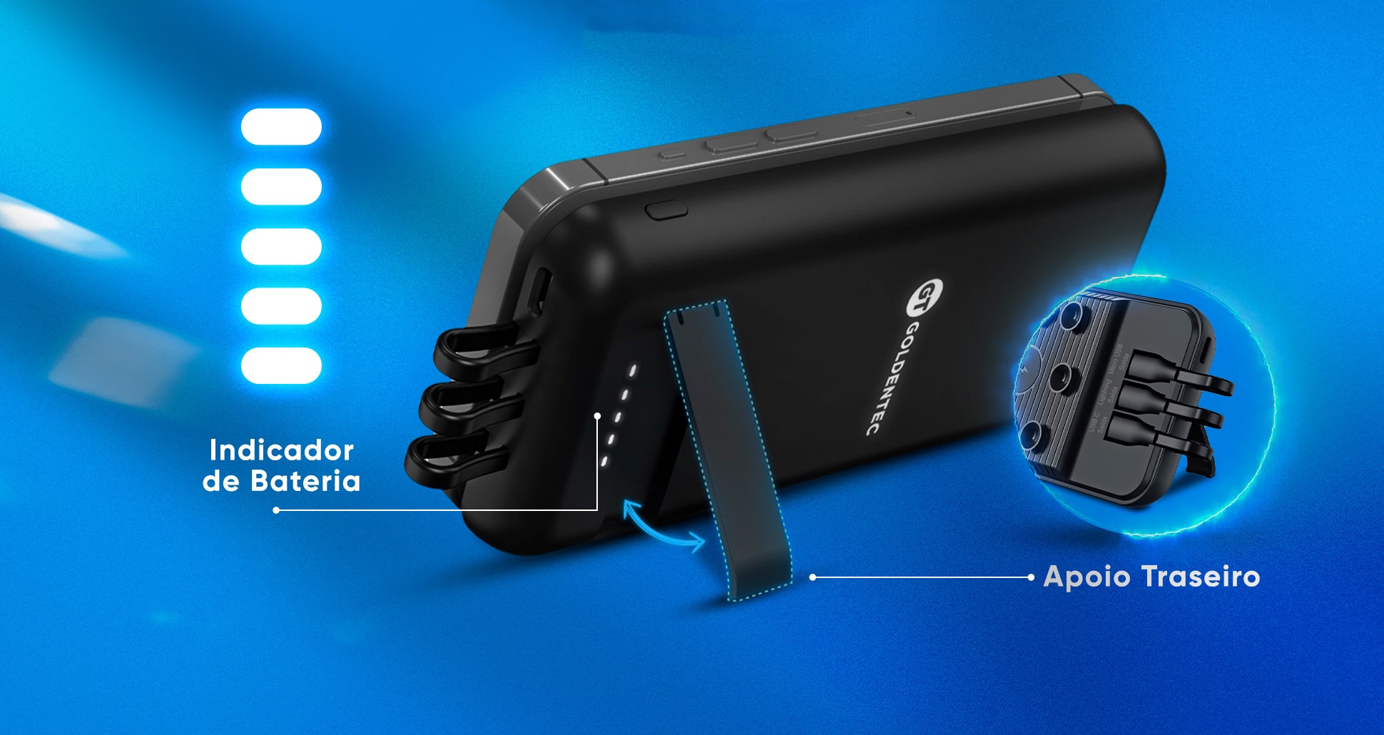 Carregador Portátil com Ventosas Goldentec 10000mAh Preto