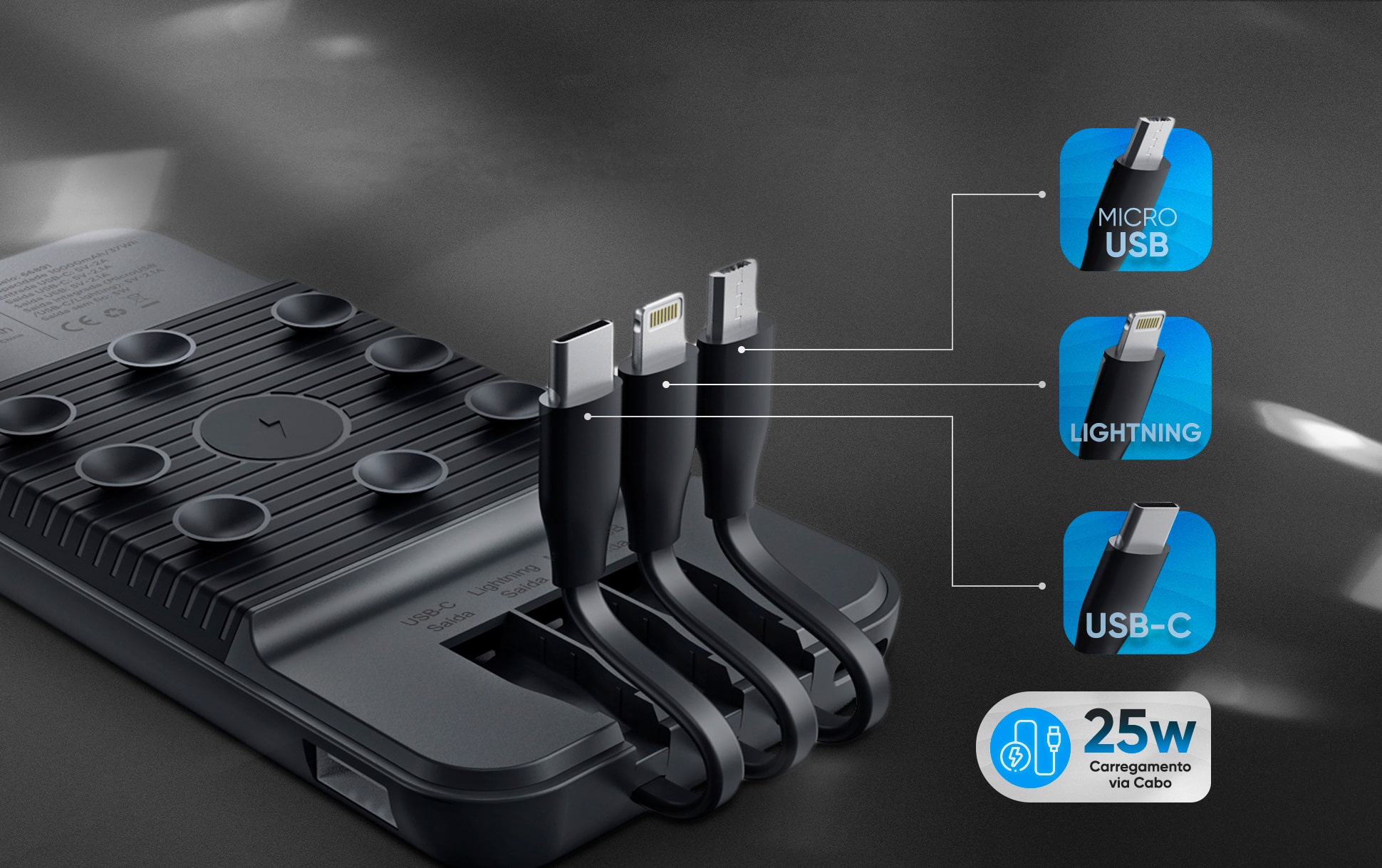 Carregador Portátil com Ventosas Goldentec 10000mAh Preto