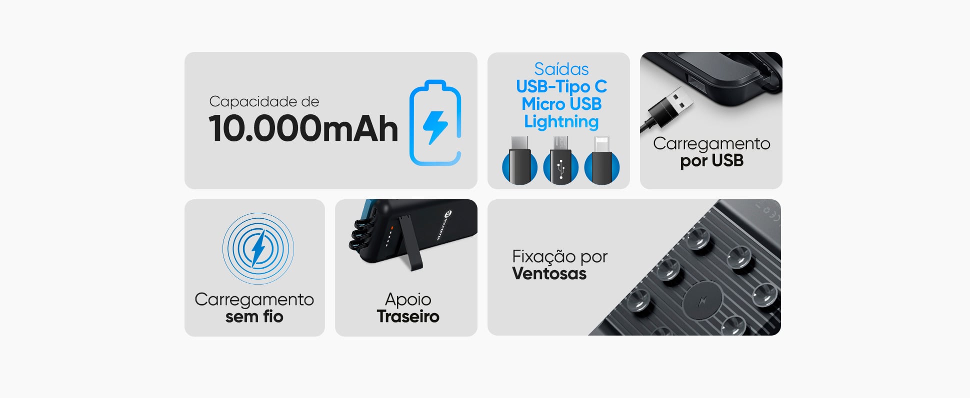 Carregador Portátil com Ventosas Goldentec 10000mAh Preto