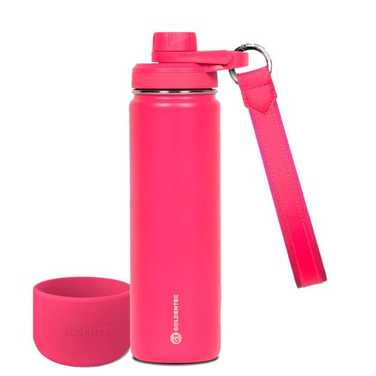 Garrafa Térmica Inox Goldentec GT Colors 750 ml + Alça para garrafa argola em metal resistente Goldentec + Capa de Silicone Goldentec Rosa Pink, Kit