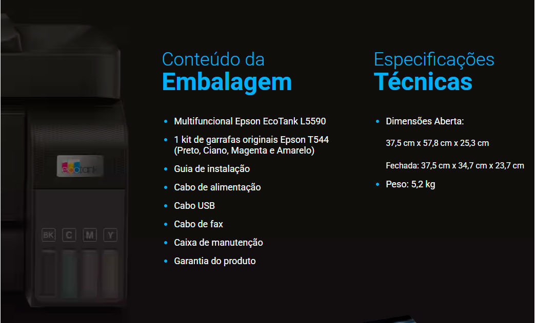 Impressora Multifuncional Colorida Tanque de Tinta Epson EcoTank L5590, Wi-Fi, USB, Bivolt