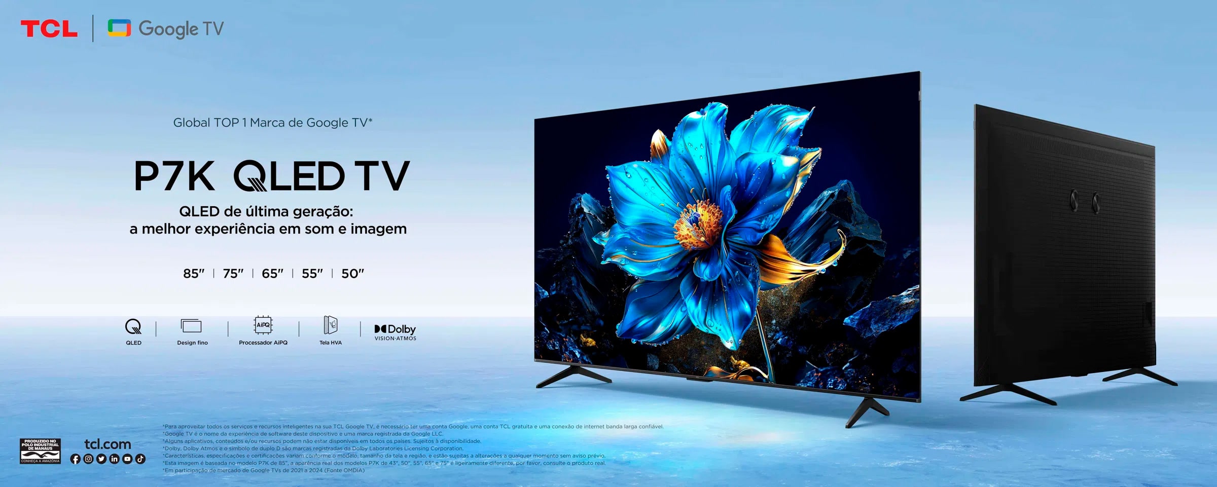 Smart TV 55 QLED 4K TCL 55P7K, Google TV com Wi-Fi, Bluetooth, HDMI, Google Assistente