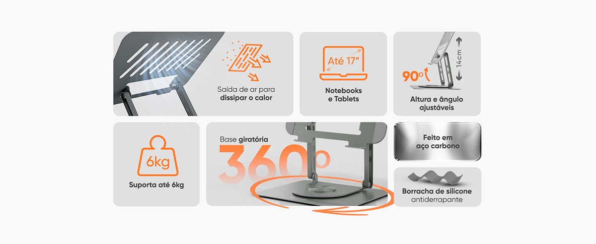 Suporte para Notebooks até 17 Goldentec com Base Giratória Aço Carbono