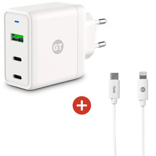 Carregador-de-Parede-GaN-Fast-Charge-2-USB-C-65W-Com-1-USB-3.0-30W---Cabo-Lightning-MFi-para-USB-C-12m-Branco--Goldentec--1